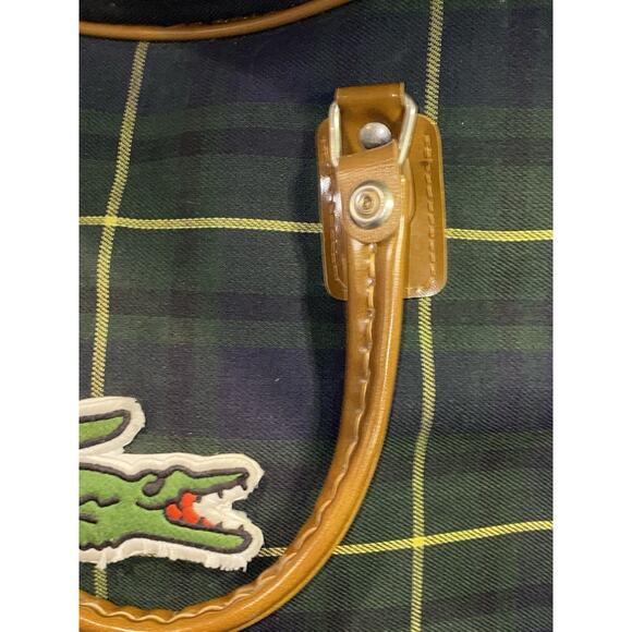 Vintage Lacoste Plaid Canvas Tote Bag Green Blue Brown Trim Retro Preppy - Picture 3 of 15